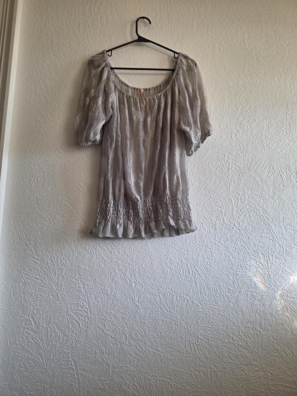 Coastal Cowgirl Smocked Hem Light Gray Peasant Blouse